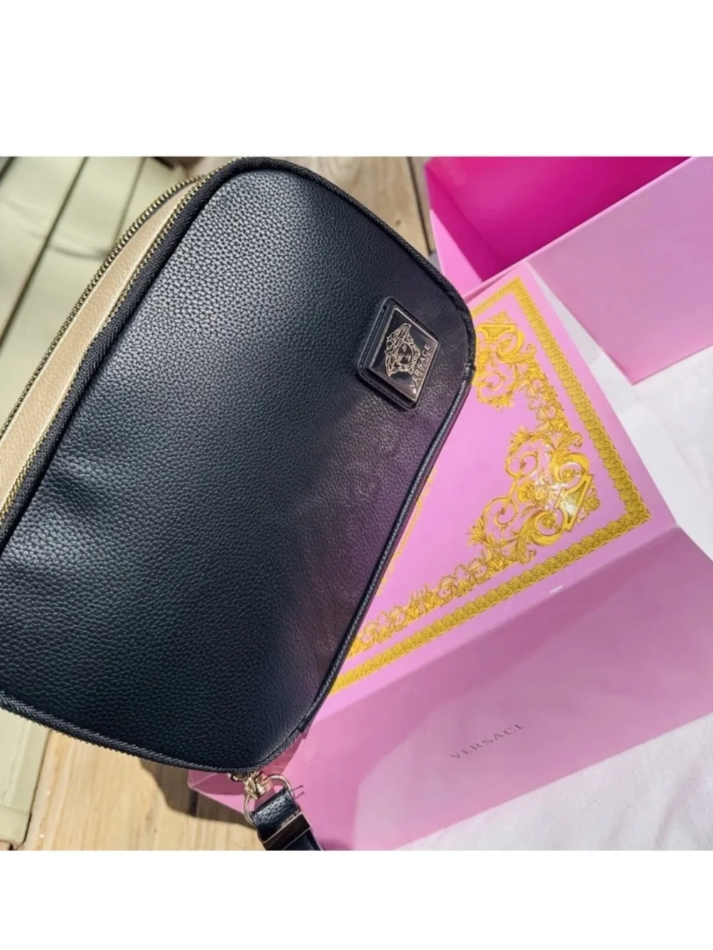 New Versace Parfums Black Gold Medusa Cosmetic Bag Wristlet Travel Case with Box